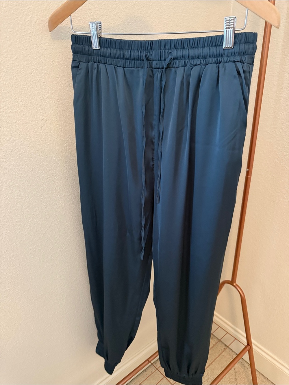 She + Sky Teal Drawstring Satin Jogger Pants